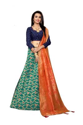 Navy-Blue Printed Jacquard Semi Stitched Lehenga 1