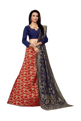 Red Printed Jacquard Semi Stitched Lehenga 1