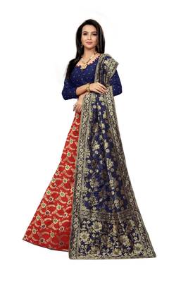 Red Printed Jacquard Semi Stitched Lehenga 2