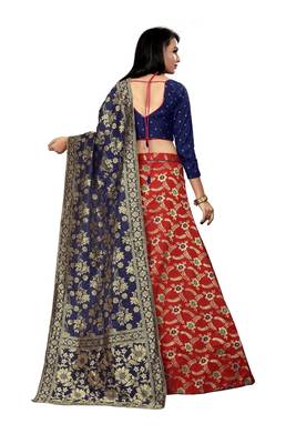 Red Printed Jacquard Semi Stitched Lehenga 3
