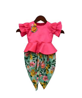 Pink Cotton Peplum Top And Printed Dhoti For Girls 1