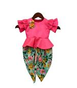 Pink Cotton Peplum Top And Printed Dhoti For Girls