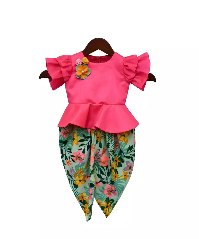 Hot Pink Peplum Top with Printed Dhoti