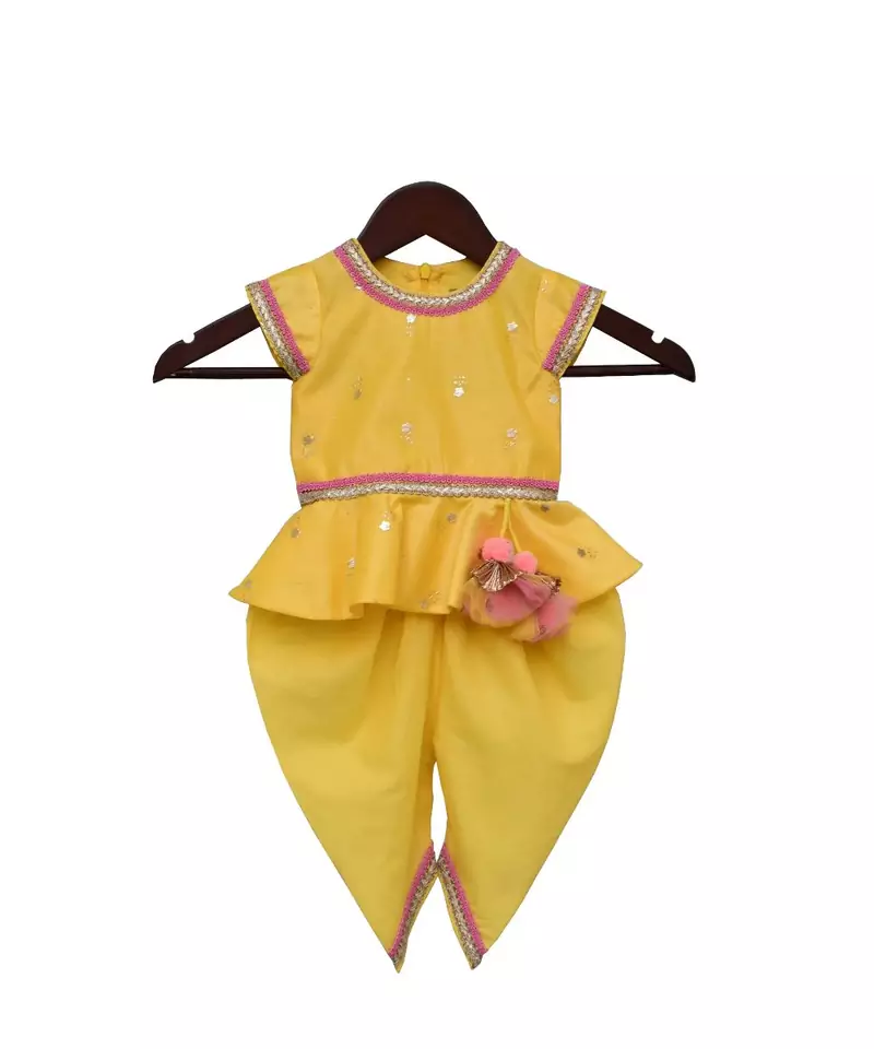 Yellow Chanderi Foil Printed Peplum with Dhoti