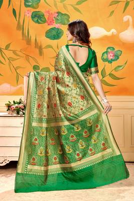 Green Woven Silk Blend Saree With Blouse 3