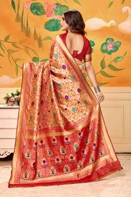 Blood Red Woven Silk Blend Saree With Blouse 3