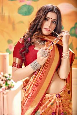 Blood Red Woven Silk Blend Saree With Blouse 5