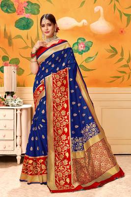 Blue Woven Silk Blend Saree With Blouse 1