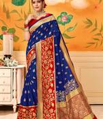 Blue Woven Silk Blend Saree With Blouse
