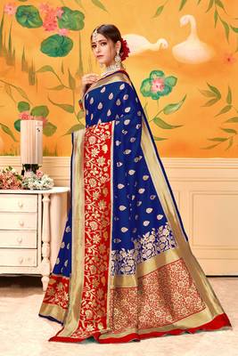 Blue Woven Silk Blend Saree With Blouse 2