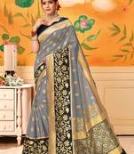 Grey Woven Silk Blend Saree With Blouse