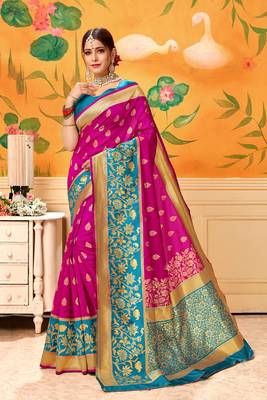 Pink Woven Silk Blend Saree With Blouse 1