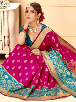 Pink Woven Silk Blend Saree With Blouse 4