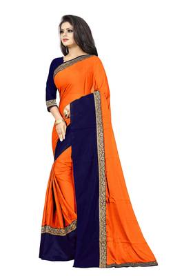 Orange plain faux georgette saree with blouse 2