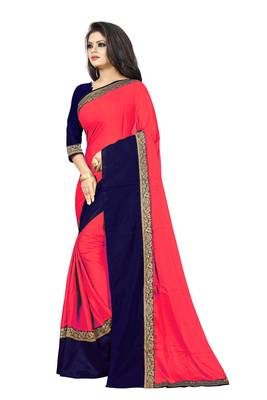 Light red plain faux georgette saree with blouse 2