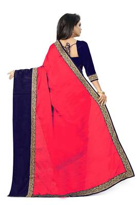 Light red plain faux georgette saree with blouse 3