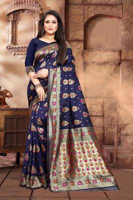 Navy Blue Woven Jacquard Saree With Blouse 1