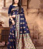 Navy Blue Woven Jacquard Saree With Blouse