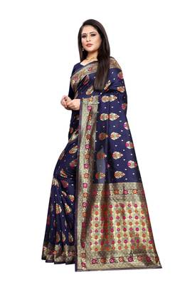 Navy Blue Woven Jacquard Saree With Blouse 3