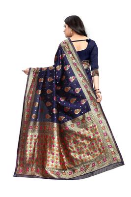 Navy Blue Woven Jacquard Saree With Blouse 4