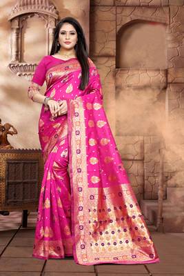 Rani Pink Woven Jacquard Saree With Blouse 1