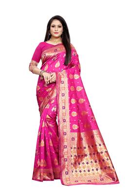 Rani Pink Woven Jacquard Saree With Blouse 2