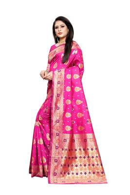 Rani Pink Woven Jacquard Saree With Blouse 3
