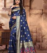 Navy Blue Woven Jacquard Saree With Blouse