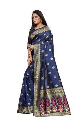 Navy Blue Woven Jacquard Saree With Blouse 3