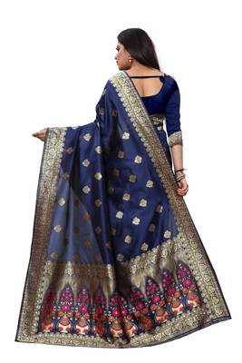 Navy Blue Woven Jacquard Saree With Blouse 4