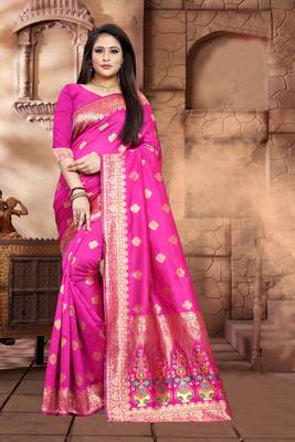 Rani Pink Woven Jacquard Saree With Blouse 1