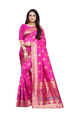 Rani Pink Woven Jacquard Saree With Blouse 2
