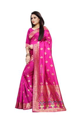 Rani Pink Woven Jacquard Saree With Blouse 3