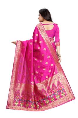 Rani Pink Woven Jacquard Saree With Blouse 4