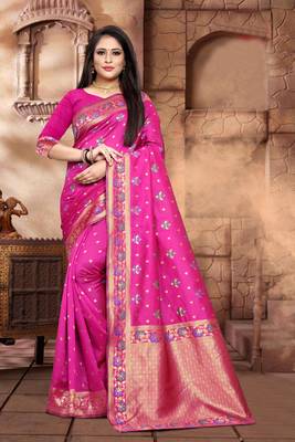Rani Pink Woven Jacquard Saree With Blouse 1