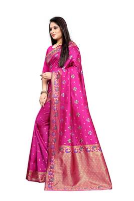 Rani Pink Woven Jacquard Saree With Blouse 3