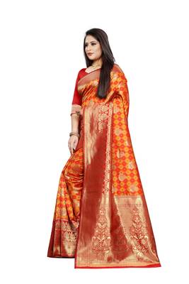 Red Woven Jacquard Saree With Blouse 3