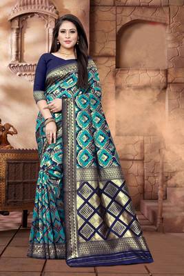 Navy Blue Woven Jacquard Saree With Blouse 1