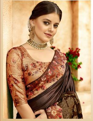 Brown embroidered lycra saree with blouse 2