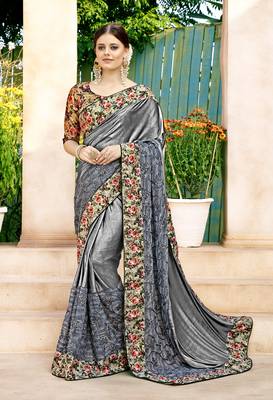 Grey embroidered lycra saree with blouse 1
