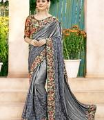 Grey embroidered lycra saree with blouse
