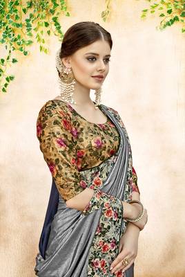 Grey embroidered lycra saree with blouse 2