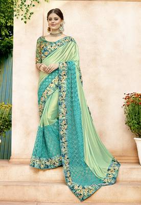 Green embroidered lycra saree with blouse 1