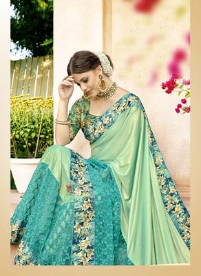 Green embroidered lycra saree with blouse 2