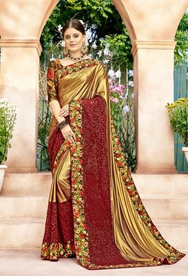 Maroon embroidered lycra saree with blouse 1
