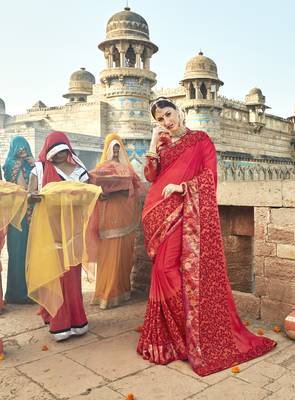 Red embroidered shimmer saree with blouse 1