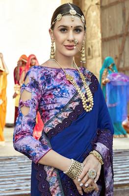 Blue embroidered shimmer saree with blouse 2