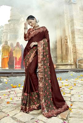 Brown embroidered shimmer saree with blouse 1