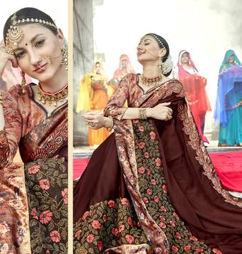 Brown embroidered shimmer saree with blouse 2