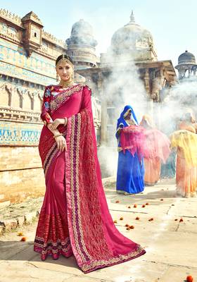 Pink embroidered shimmer saree with blouse 1